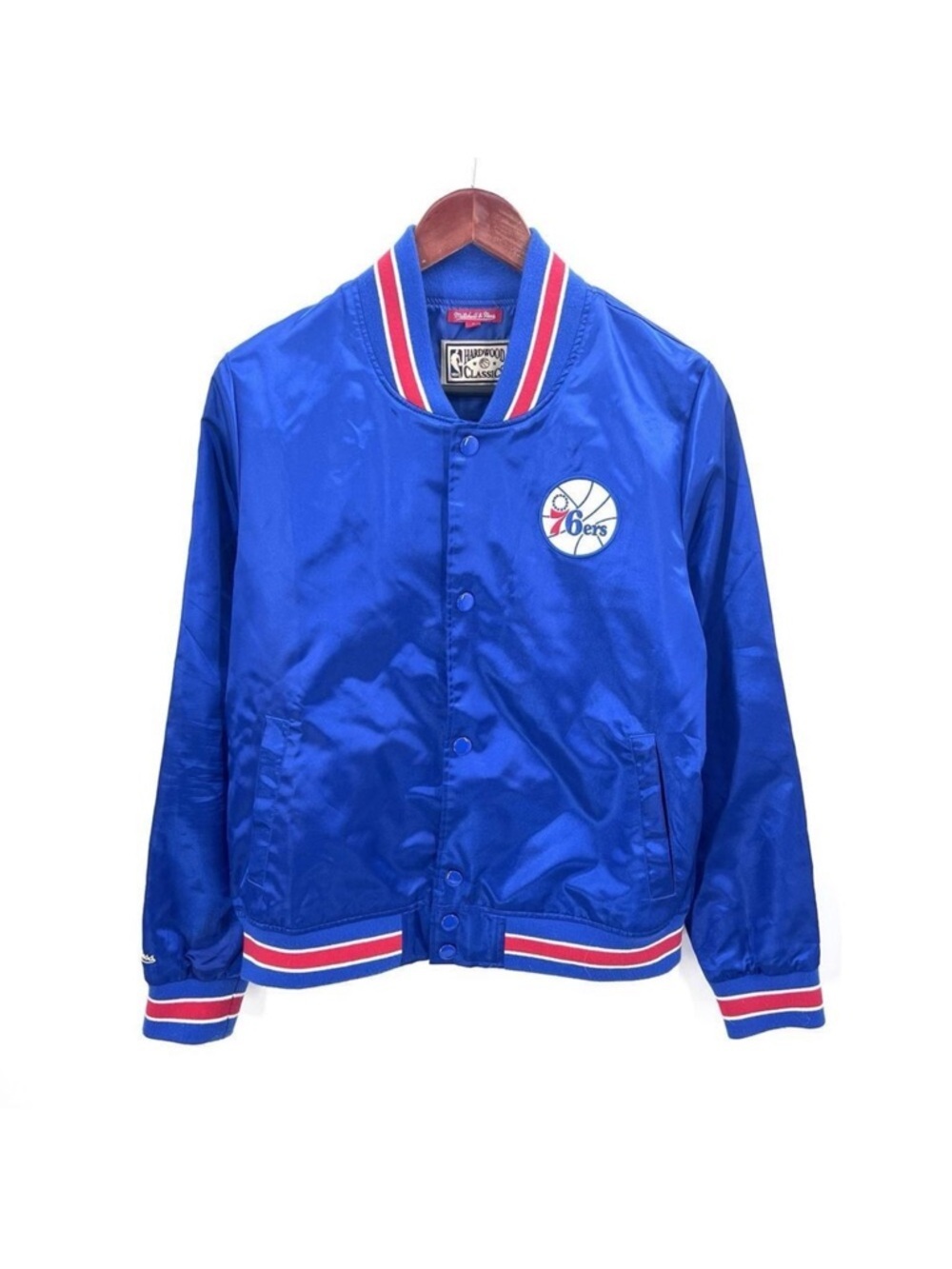 Vintage 80s Mitchell & Ness Philadelphia 76ers Blue Satin Jacket Size Small